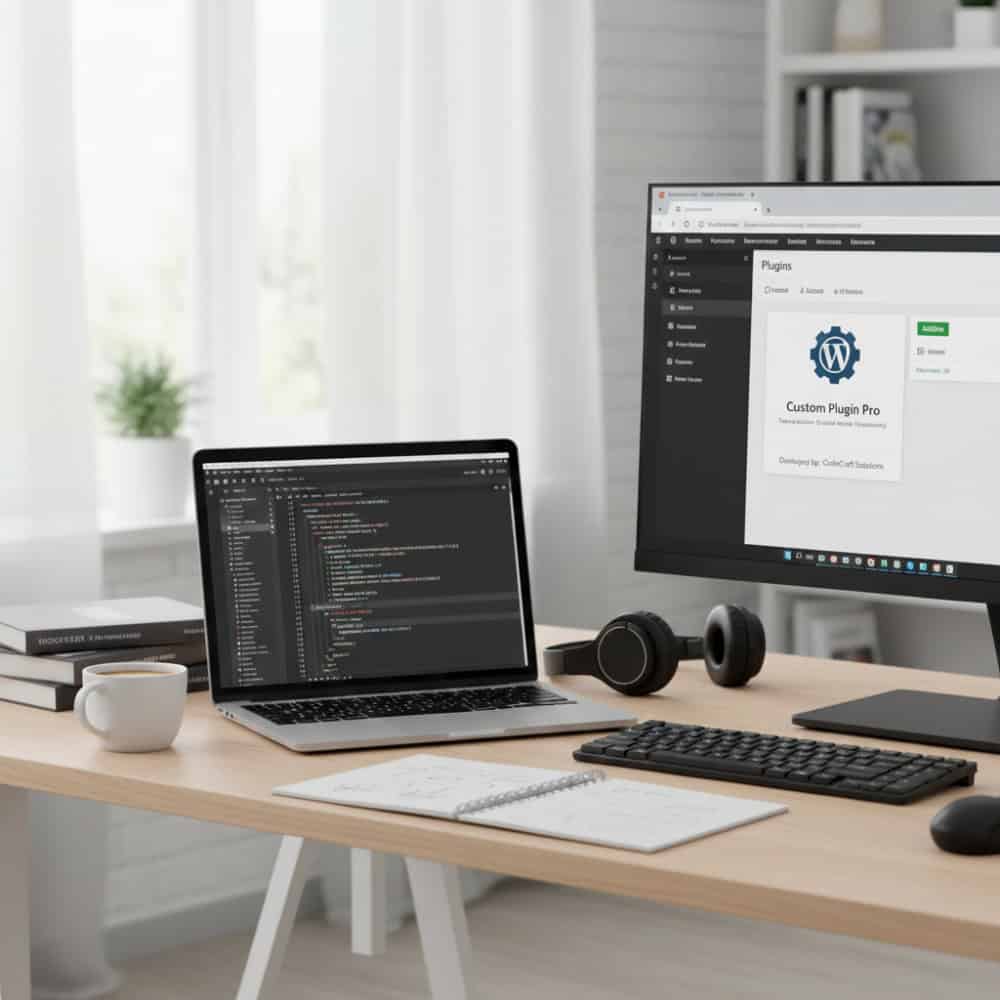 A modern desk setup featuring a laptop with coding code, a large monitor displaying WordPress plugins, headphones, and a coffee mug, ideal for digital marketing and SEO.